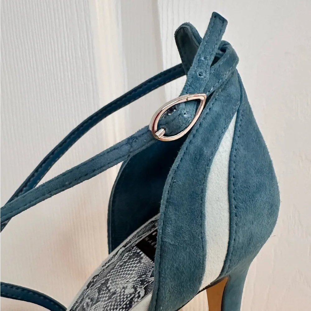 WHBM ~ Teal Cruelty Free Suede 4” Heels w/Crisscross Straps and Snakeskin Design